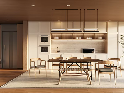 Modern Restaurant Interior Design With Wooden Dining Table Chairs Pendant Lights And Cabinets 3d model