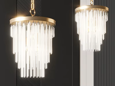 Elegant Modern Crystal Chandelier With Hanging Glass Strips And Gold Metal Frame Design 3d model