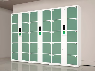 Modern White And Green Storage Lockers With Electronic Locks And Multiple Compartments 3d model