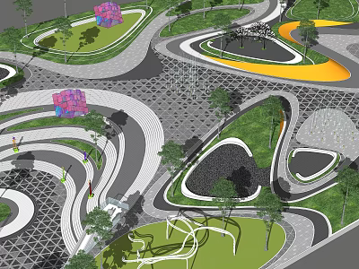 Commercial Landscape Design With Curved Pathways Green Lawns Geometric Structures And Trees 3d model