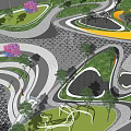 Commercial Landscape Design With Curved Pathways Green Lawns Geometric Structures And Trees