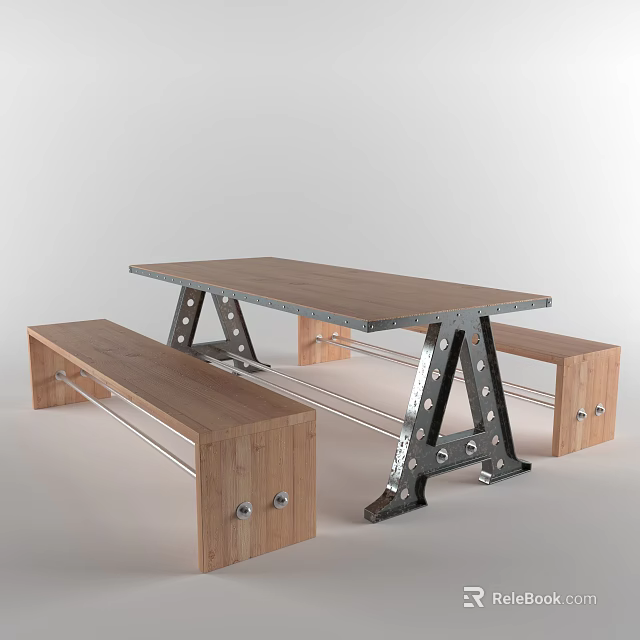 Modern Industrial Dining Table Set With Wooden Tabletop And Metal Leg Benches 3d model 
