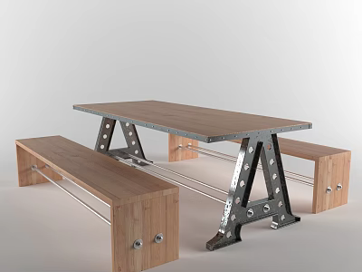 Modern Industrial Dining Table Set With Wooden Tabletop And Metal Leg Benches 3d model