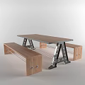 Modern Industrial Dining Table Set With Wooden Tabletop And Metal Leg Benches