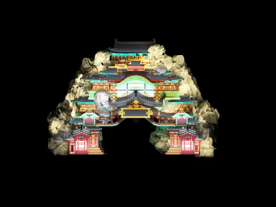 Traditional Chinese Architecture With Elaborate Carvings Overhanging Eaves Colorful Roofs And Surrounding Rock Formations 3d model