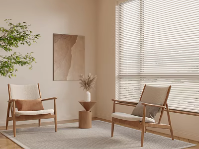 Leisure Chairs with Wooden Frame Beige Cushions in Interior with Window Blinds Green Plant and Rug 3d model