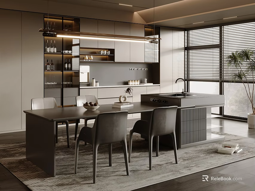 Elegant Modern Restaurant Interior With Dining Table Grey Chairs Pendant Lights And Large Windows 3d model