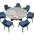 Round Marble Top Dining Table Set With Six Blue Modern Chairs 3d model