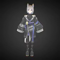 Anime Cat Eared Character With Silver Gray Hair Blue Eyes In Black Blue Kimono Outfit