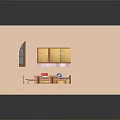 Cartoon Kitchen Scene With Wooden Cabinets Dining Table Chairs Refrigerator And Window