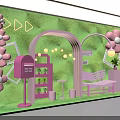 Colorful Decorative Setup With Green Backdrop Pink Flowers Arch Bench Frames Mailbox And String Lights 3d model