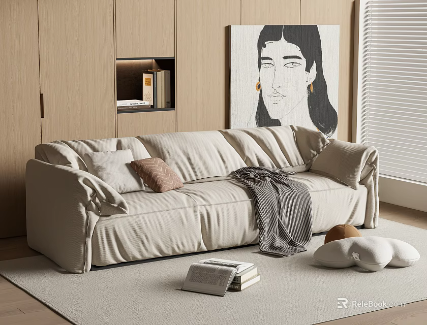 Beige Large Sectional Sofa with Throw Pillows Gray Blanket Books on Rug and Wooden Cabinets 3d model 
