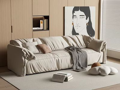 Beige Large Sectional Sofa with Throw Pillows Gray Blanket Books on Rug and Wooden Cabinets 3d model