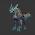 Fantasy Creature With Purple Blue Feathers White Purple Body Horned Sharp Teeth Standing Pose
