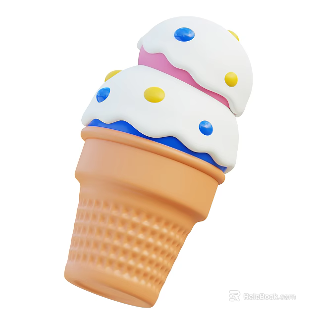 Colorful Ice Cream Cone With White Cream Pink Layer And Yellow Blue Sprinkles 3d model 