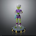 Green Skinned White Haired Character in Purple Outfit with Hands Clasped on Striped Platform Base