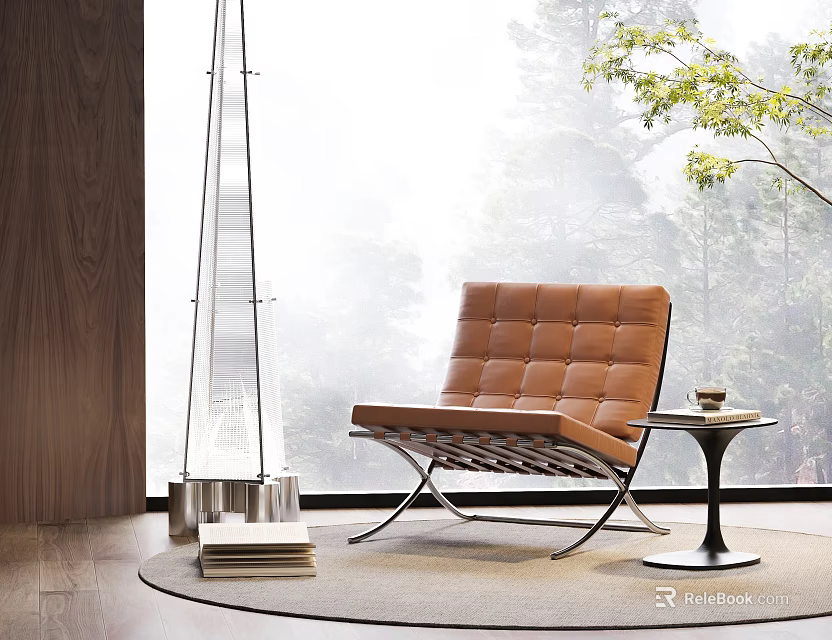 Tufted Brown Leather Leisure Chair With Metal Frame Side Table And Natural Window View 3d model 