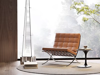 Tufted Brown Leather Leisure Chair With Metal Frame Side Table And Natural Window View 3d model