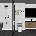 Modern Bathroom Interior With Glass Shower Enclosure Freestanding Bathtub And Wooden Vanity Cabinets