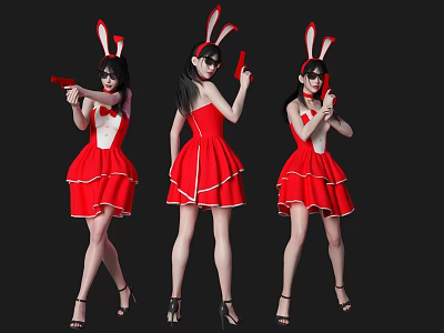 Women In Red Bunny Costumes With Rabbit Ears Holding Red Props On Black Background 3d model