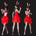 Women In Red Bunny Costumes With Rabbit Ears Holding Red Props On Black Background