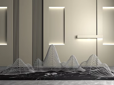 White Wire Rockery Garden Ornaments On Black Marble Floor Light Wall Vertical Stripes Rectangular Lights 3d model