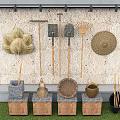 Traditional Industrial Equipment Display with Brooms Rakes Baskets on Wooden Stone Platforms Stone Wall Background