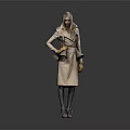 Stylish Woman In Beige Trench Coat With Yellow Gloves Standing Against Gray Background