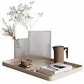 Minimalist Decorative Ornament Set With Transparent Vase White Flowers Tray Brown Cylindrical Jar And Books