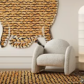 Light Gray Single Sofa With Tiger Pattern Tapestry White Floor Lamp And Orange Zigzag Rug 3d model