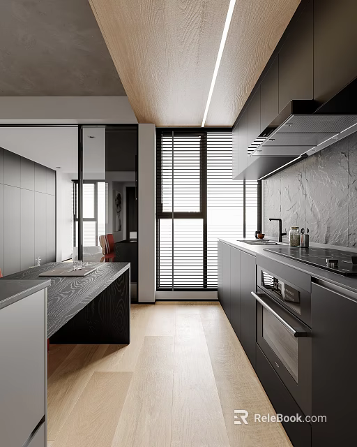 Modern Kitchen Interior Design With Black Cabinets Marble Wall And Window Blinds 3d model 