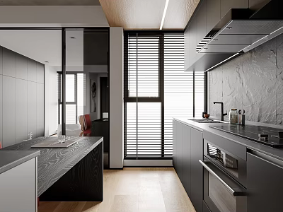 Modern Kitchen Interior Design With Black Cabinets Marble Wall And Window Blinds 3d model
