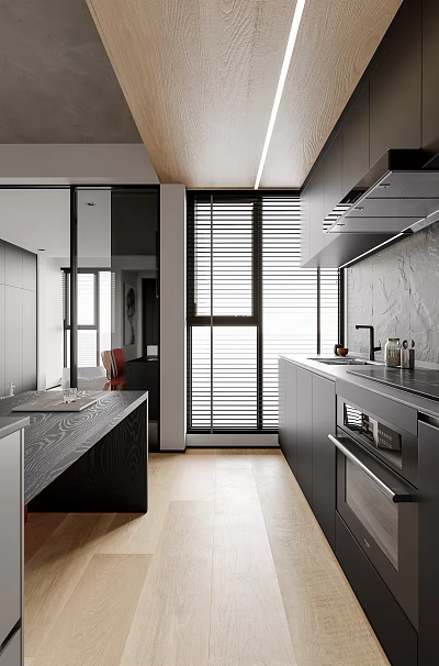 Modern Kitchen Interior Design With Black Cabinets Marble Wall And Window Blinds 3d model