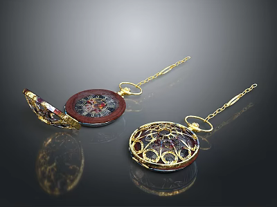 Decorative Circular Ornaments With Gold Chains Intricate Patterns And Wooden Base 3d model