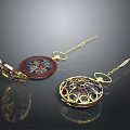 Decorative Circular Ornaments With Gold Chains Intricate Patterns And Wooden Base
