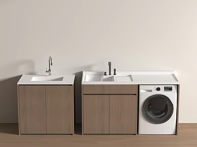Modern Minimalist Laundry Cabinet Setup With Double Sinks Wooden Cabinets And White Washing Machine 3d model