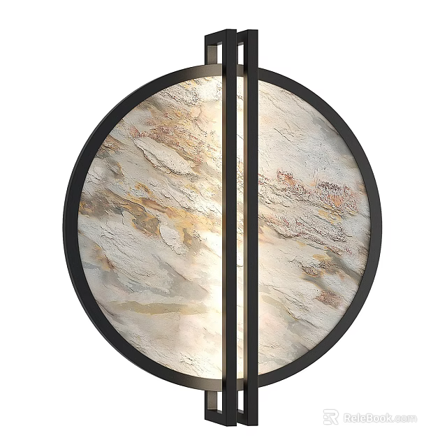 Elegant Modern Round Wall Lamp with Marble Texture and Black Metal Frame 3d model