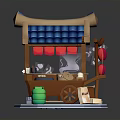 Traditional Chinese Food Stall With Blue Tiled Roof Red Lanterns And Food Signboard
