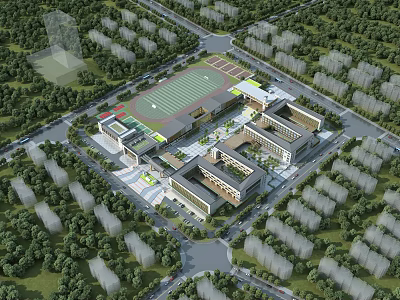 Modern School Campus Architecture With Football Field Lush Trees And Open Layout 3d model