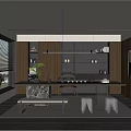Modern Tea Room Interior With Long Table Wooden Shelves Tea Sets And Hanging Lights