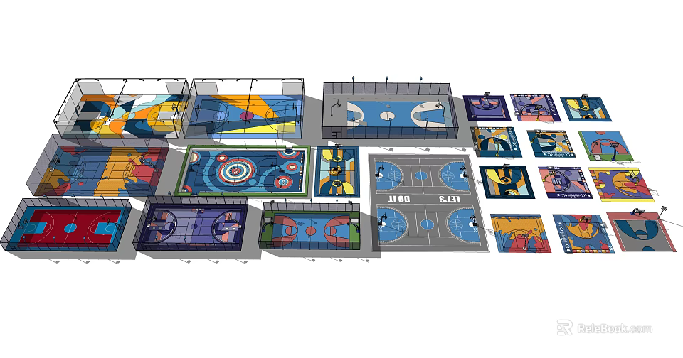 Basketball Court Interior Design With Multiple Layouts And Colorful Floor Patterns 3d model
