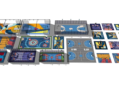 Basketball Court Interior Design With Multiple Layouts And Colorful Floor Patterns 3d model