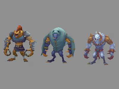 Three Fantasy Character And Creature Concept Designs With Varied Colors Armor And Cloak Features 3d model