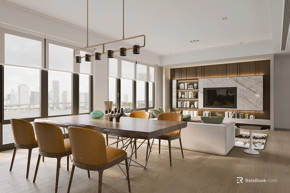 Modern Dining Living Room Interior With Large Windows Dining Table Amber Chairs And Sofa 3d model 