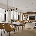 Modern Dining Living Room Interior With Large Windows Dining Table Amber Chairs And Sofa