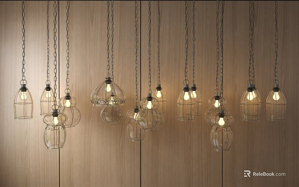 Hanging Glass Pendant Lights Illuminated On Wooden Wall With Various Shapes 3d model 