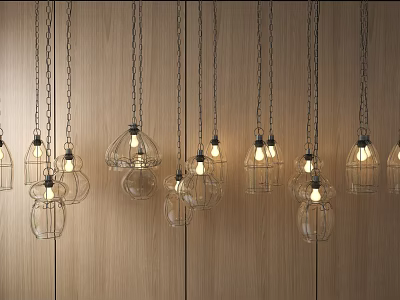 Hanging Glass Pendant Lights Illuminated On Wooden Wall With Various Shapes 3d model