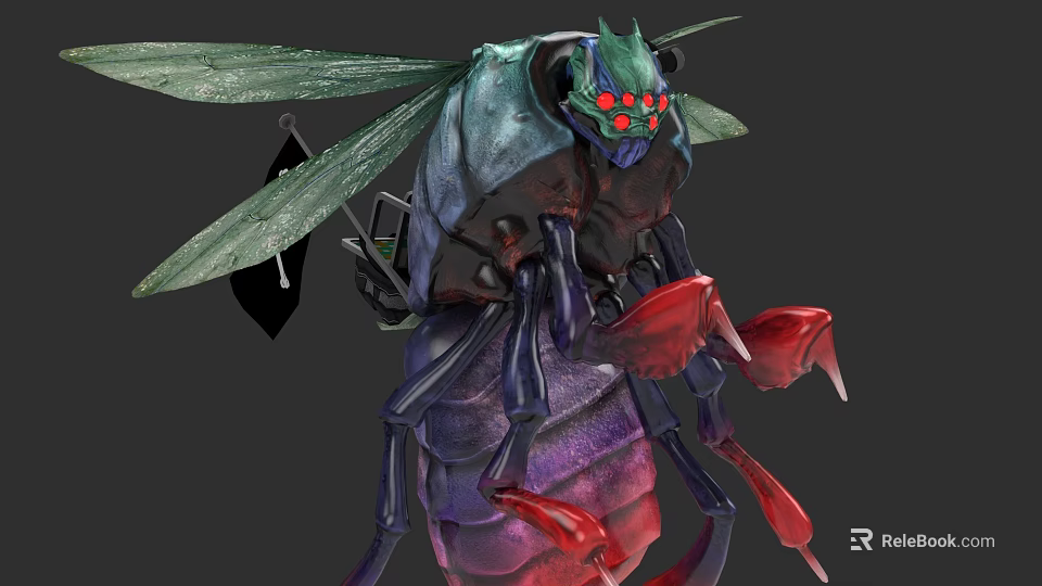 Mythical Flying Insect With Green Head Red Eyes And Large Purple Wings 3d model 