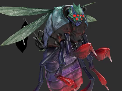 Mythical Flying Insect With Green Head Red Eyes And Large Purple Wings 3d model