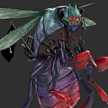 Mythical Flying Insect With Green Head Red Eyes And Large Purple Wings